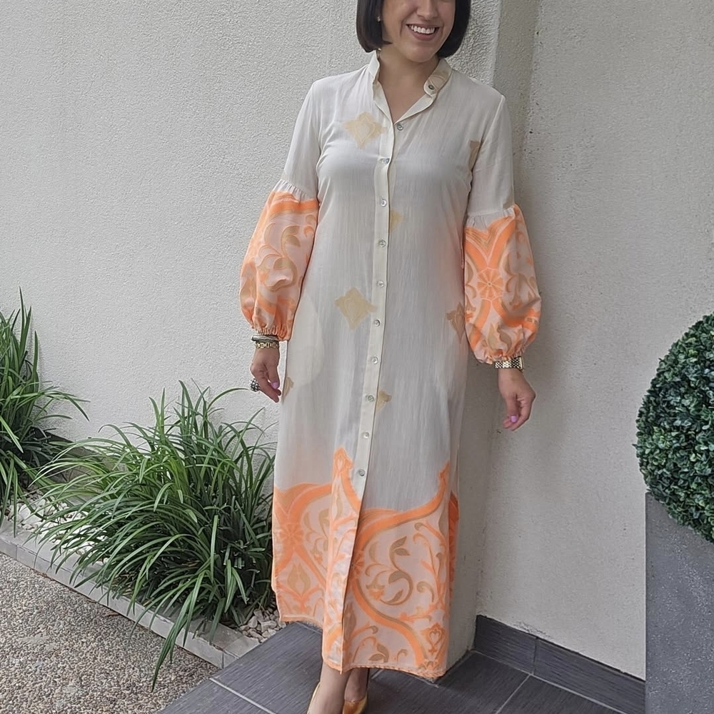 Elegant Long Sleeve Dress in Cream and Orange